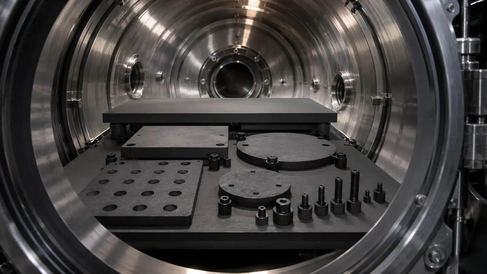 Graphite support plates and fixtures arranged inside a clean vacuum-furnace chamber.